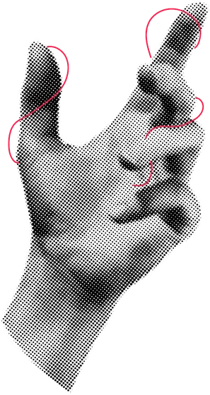 Halftone collage of a raised hand looped with red thread