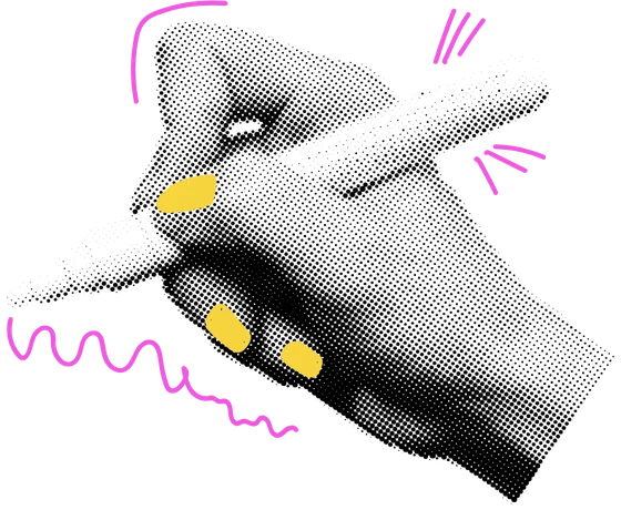 Halftone collage of a hand holding a pen