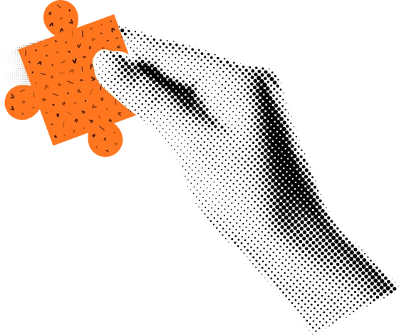 Halftone collage of a hand placing a puzzle piece