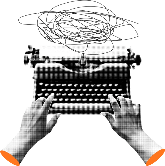 Halftone collage of hands at a typewriter
